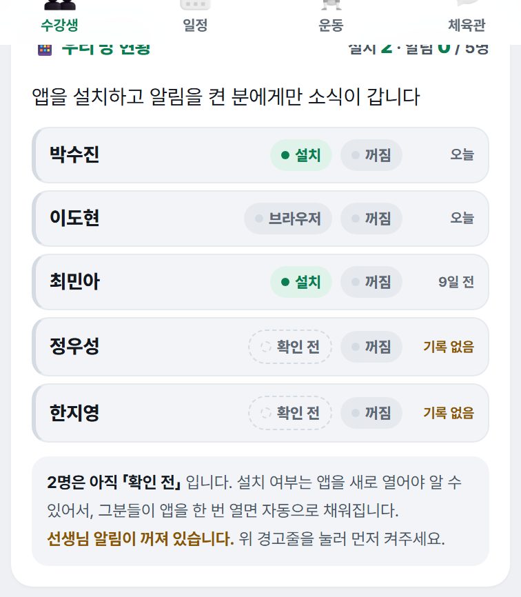 우리 방 현황 — 설치·알림·마지막 접속